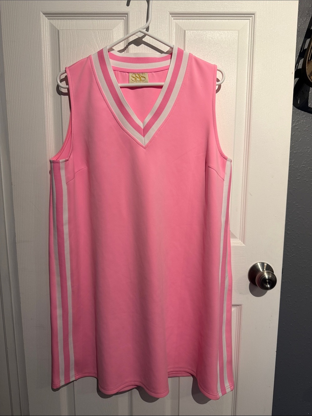 SSYS Sleeveless Pink V-Neck A-Line Dress with White Stripes